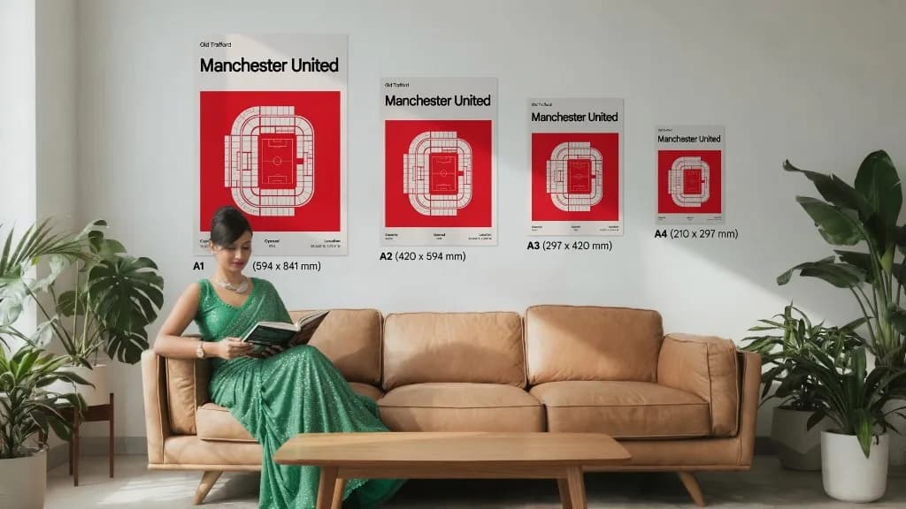 Manchester United stadium posters in A1, A2, A3, and A4 sizes hung above a sofa for scale