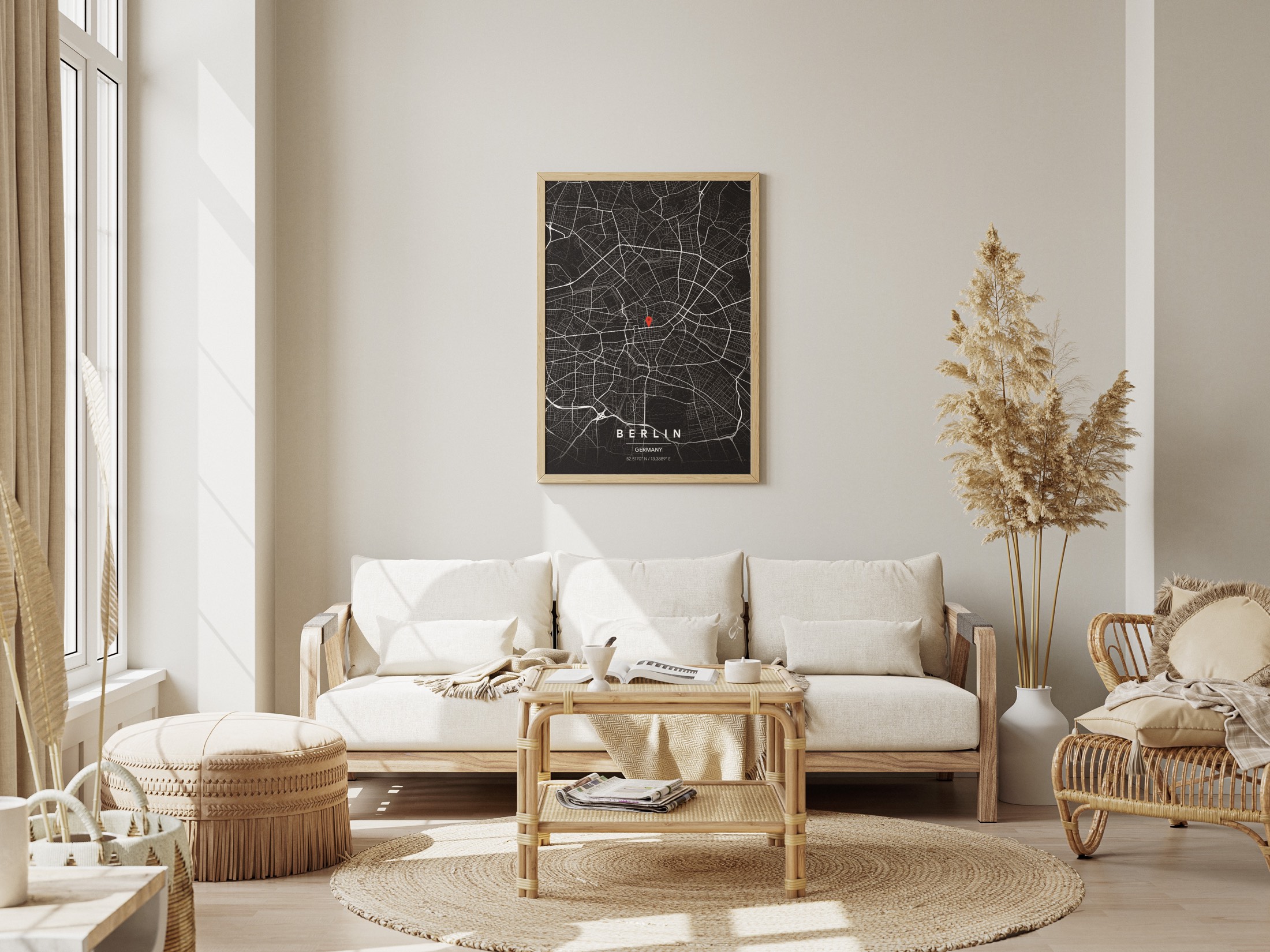 Map poster displayed in a boho living room